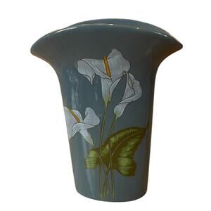 Vintage Blue Grey Porcelain Vase w/ Floral Cala Lily Price Taiwan 7.5” Gold Rim